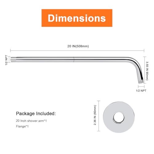 HarJue Shower Arm with Flange and Teflon Tape, Wall Mounted Shower Pipe 304 Stainless Steel Extension Arm for Fixed Shower Head & Handheld (20 Inch, Chrome) - Image 2