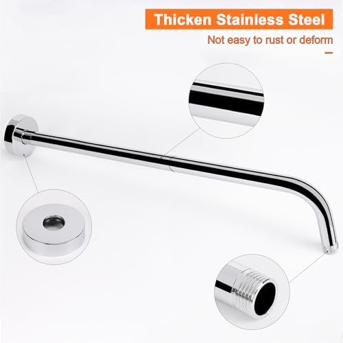 HarJue Shower Arm with Flange and Teflon Tape, Wall Mounted Shower Pipe 304 Stainless Steel Extension Arm for Fixed Shower Head & Handheld (20 Inch, Chrome) - Image 3