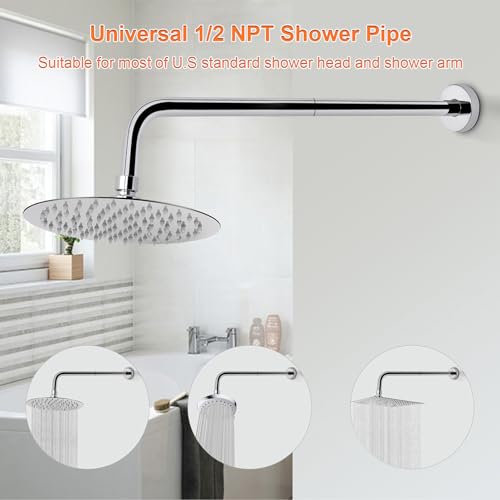 HarJue Shower Arm with Flange and Teflon Tape, Wall Mounted Shower Pipe 304 Stainless Steel Extension Arm for Fixed Shower Head & Handheld (20 Inch, Chrome) - Image 4