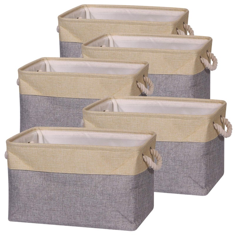 TENABORT 5 Pack Large Storage Basket Bin Foldable Storage Cube Box Canvas Fabric Collapsible Organizer with Handles for Closet Home Office Clothes Shelf Nursery Grey Beige