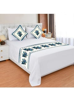 BLUEDOT BLUEDOT Premium Velvet Quilted Set of Bed Runner 16 x 96 inches and 2 Cushion Covers 16 x 16 inches Combo Set Green Blue Rose  - Image 1