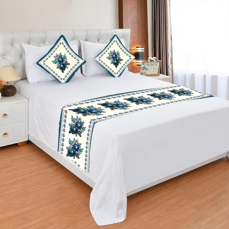 BLUEDOT Premium Velvet Quilted Set of Bed Runner 16 x 96 inches and 2 Cushion Covers 16 x 16 inches Combo Set Green Blue Rose - Image 1