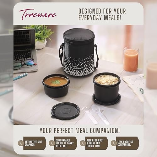 Trueware Omaga Lunch Box with Insulated Fabric Jacket, 2 Microwave Safe & Leak Proof Inner Stainless Steel Containers (1 X 400ml & 1 X 500ml) Tiffin for Office, College - Image 5