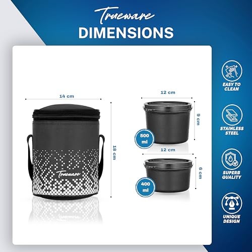 Trueware Omaga Lunch Box with Insulated Fabric Jacket, 2 Microwave Safe & Leak Proof Inner Stainless Steel Containers (1 X 400ml & 1 X 500ml) Tiffin for Office, College - Image 2