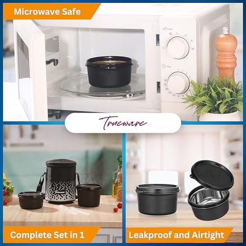 Trueware Omaga Lunch Box with Insulated Fabric Jacket, 2 Microwave Safe & Leak Proof Inner Stainless Steel Containers (1 X 400ml & 1 X 500ml) Tiffin for Office, College - Image 3