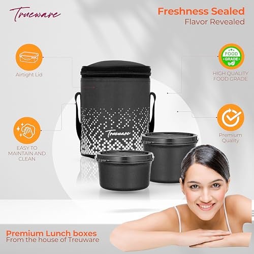 Trueware Omaga Lunch Box with Insulated Fabric Jacket, 2 Microwave Safe & Leak Proof Inner Stainless Steel Containers (1 X 400ml & 1 X 500ml) Tiffin for Office, College - Image 4