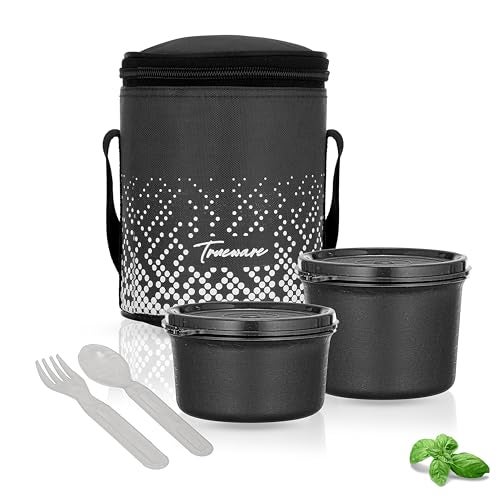 Trueware Omaga Lunch Box with Insulated Fabric Jacket, 2 Microwave Safe & Leak Proof Inner Stainless Steel Containers (1 X 400ml & 1 X 500ml) Tiffin for Office, College - Image 1