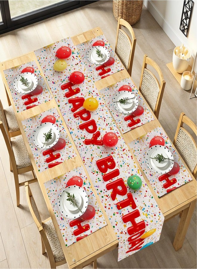 THISFIND Birthday Table Runner and Placemats Set of 6, Colorful Balloons & Confetti Design, 1 Table Runner (72x13 in) + 6 Placemats (17.7x11.8 in), Happy Birthday Party Decor - Image 1