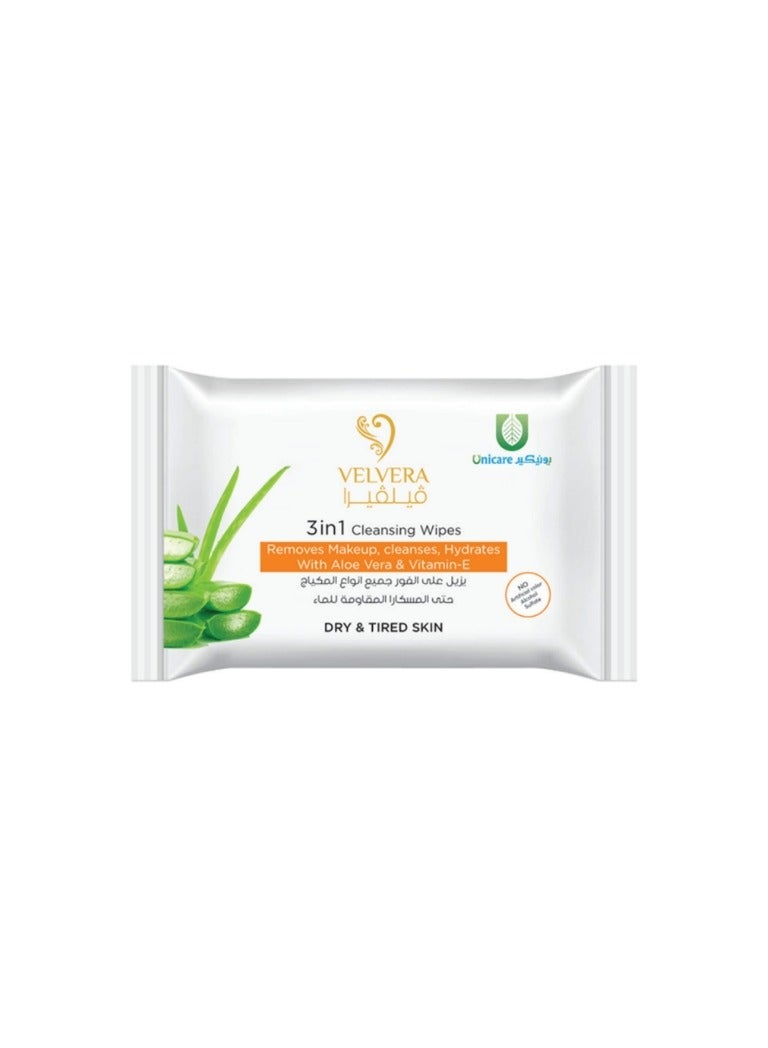 Velvera 3 in 1 Cleansing Wipes Removes Makeup, Cleanses, Hydrates With Aloe Vera & Vitamin-E 25Wipes - Image 1