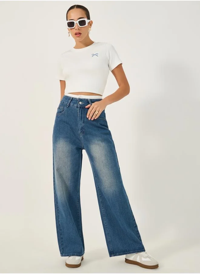 Styli Contrast Double Waistband Wide Leg Faded Jeans