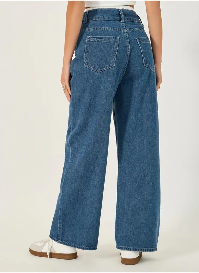 Styli Contrast Double Waistband Wide Leg Faded Jeans
