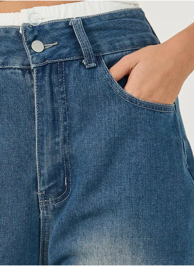 Styli Contrast Double Waistband Wide Leg Faded Jeans