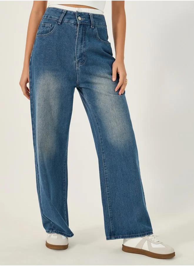 Styli Contrast Double Waistband Wide Leg Faded Jeans