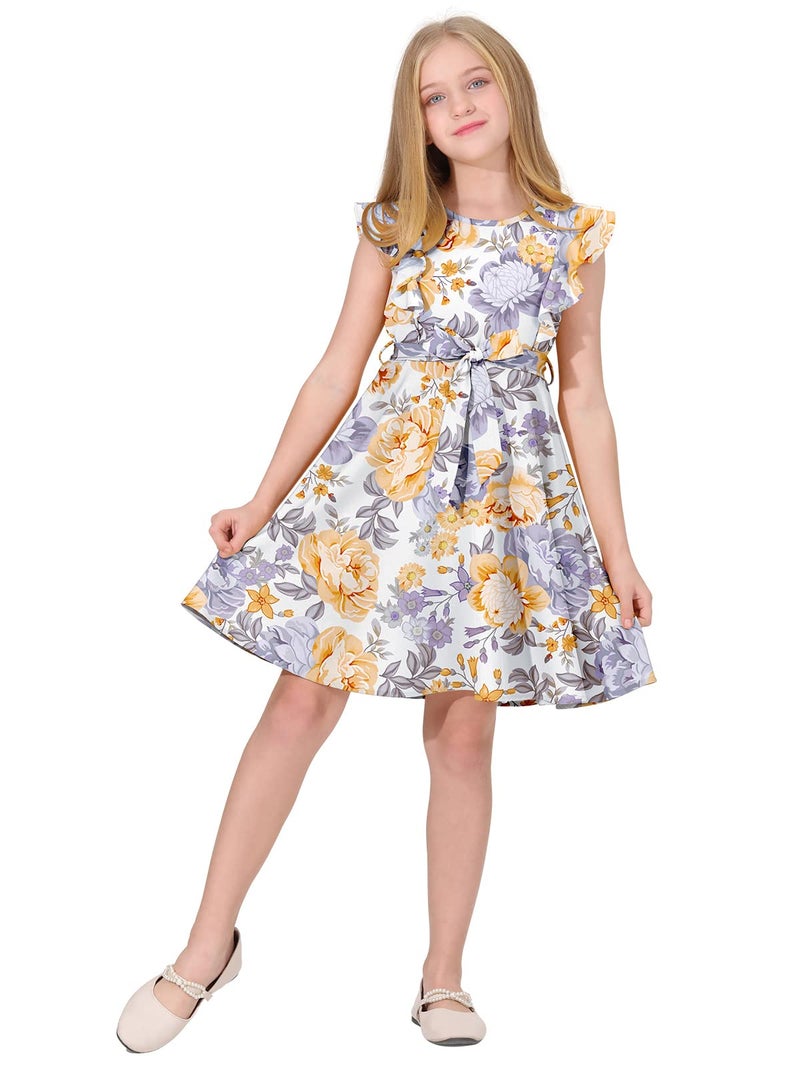 Quedoris Girls Ruffle Trim Sleeveless Belted Dress with Zipper Apricot Floral 150Y - Image 2