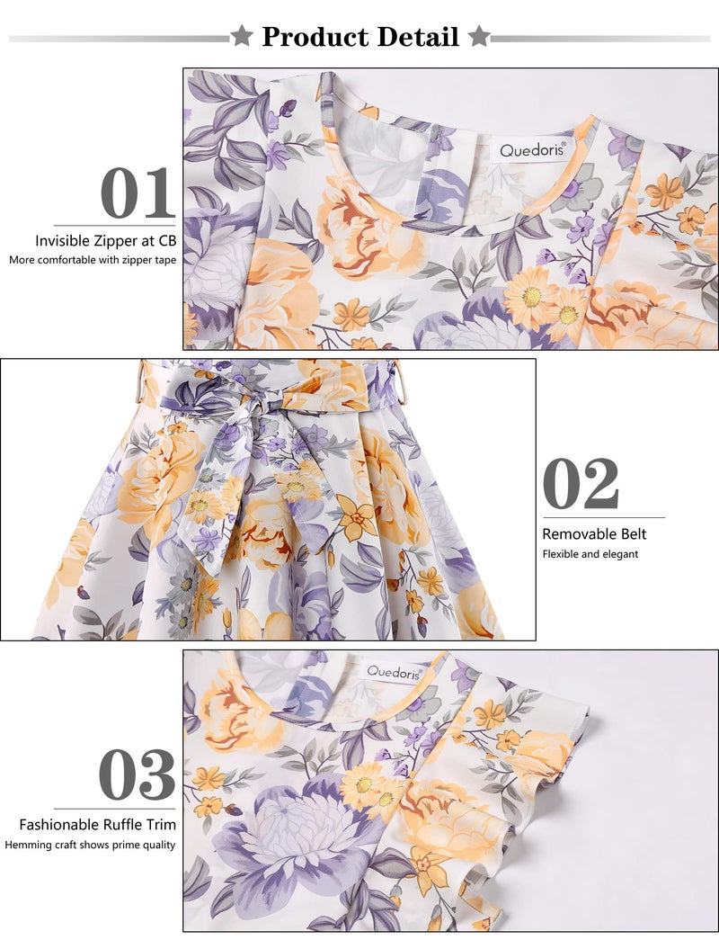 Quedoris Girls Ruffle Trim Sleeveless Belted Dress with Zipper Apricot Floral 150Y - Image 5