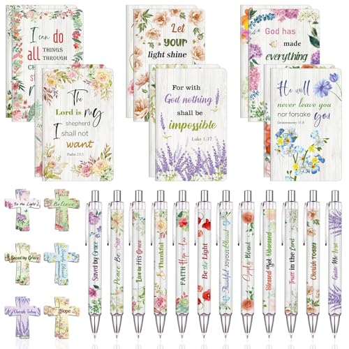 OMEYA 36 Pcs Christian Mothers Day Gifts Bulk Include 12 Mini Bible Verse Notepads, 12 Scripture Ballpoint Pens & 12 Magnetic Cross Bookmarks, Cute Religious Notebooks Gifts Prizes Party Favors, 3.5"x5.5" - Image 1