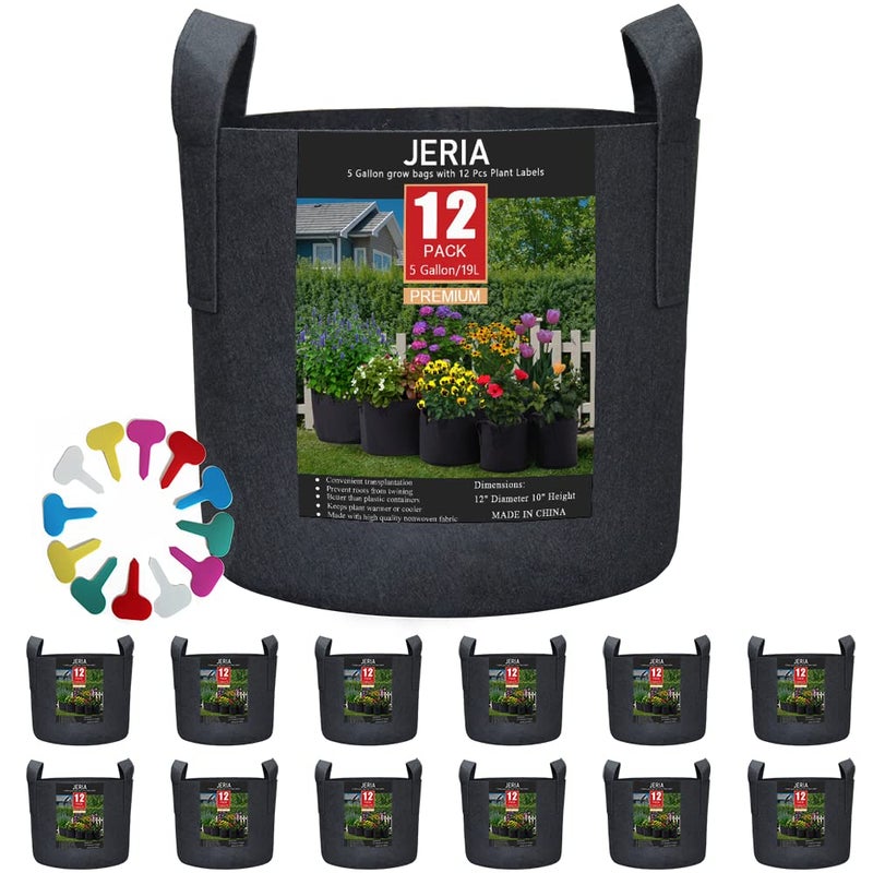 JERIA JERIA 12Pack 5 Gallon VegetableFlowerPlant Grow Bags Aeration Fabric Pots with Handles Black Come with 12 Pcs Plant Labels 
