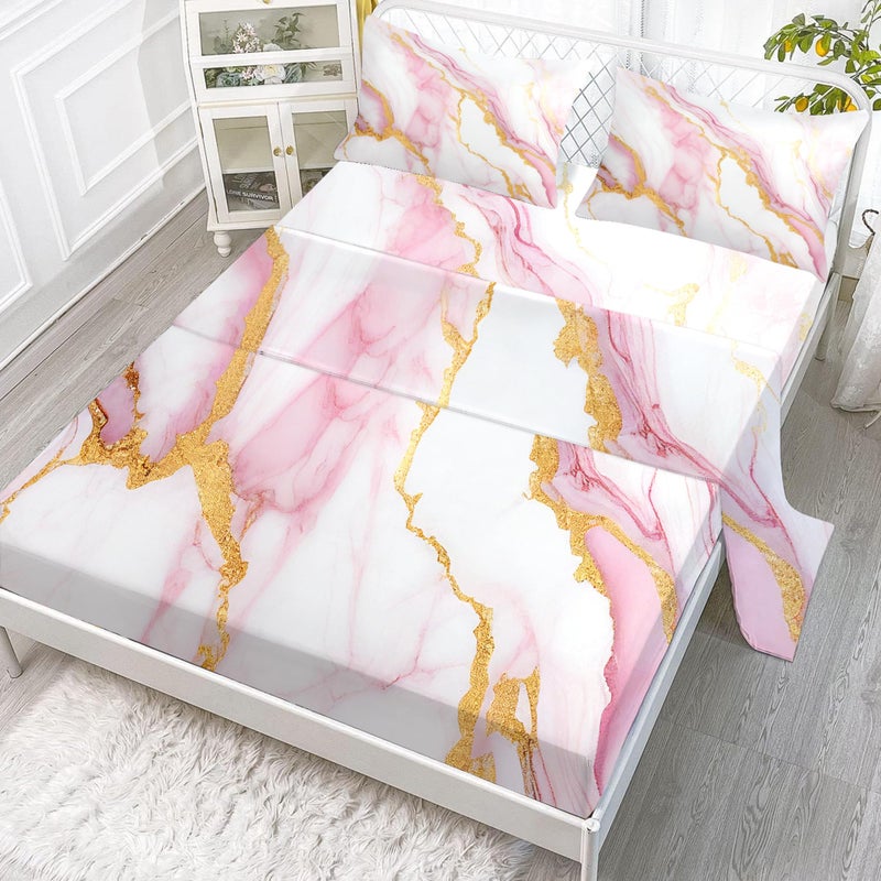 EDGZKO Sheet Set Pink Marble Full Size Pink Abstract Bed Sheets for Teen Girls Kids Women Deep Pocket Gold Glitter Marbling 4PC Bedding Sets 1 Fitted Sheet  1 Flat Sheet  2 Pillowcases
