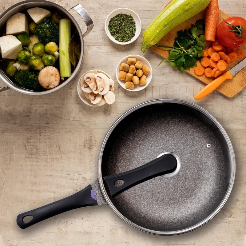 HOOPVOOL HOOPVOOL Nonstick Frying Pan Skillet 28CM 3Liter Saute Pan with Lid StayCool Handle Chef Pan Healthy Stone Cookware Cooking Pan Induction Compatible PFOA Free Black  - Image 2