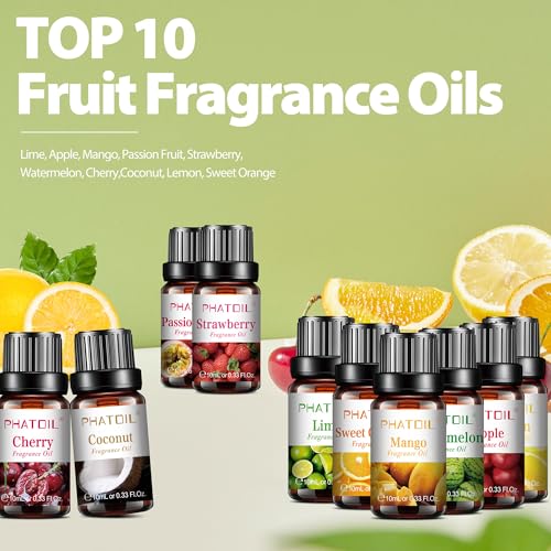 PHATOIL 10Pcs Fruity Fragrance Oil Set, Coconut, Cherry, Apple, Strawberry, Mango Candle Scents for Candle Making, Freshie Scents for DIY Soap Making, Diffuser Oil Scents Set - Image 2