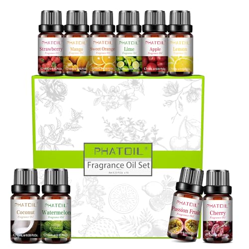 PHATOIL 10Pcs Fruity Fragrance Oil Set, Coconut, Cherry, Apple, Strawberry, Mango Candle Scents for Candle Making, Freshie Scents for DIY Soap Making, Diffuser Oil Scents Set - Image 1