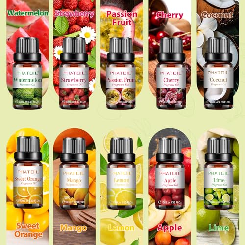 PHATOIL 10Pcs Fruity Fragrance Oil Set, Coconut, Cherry, Apple, Strawberry, Mango Candle Scents for Candle Making, Freshie Scents for DIY Soap Making, Diffuser Oil Scents Set - Image 3