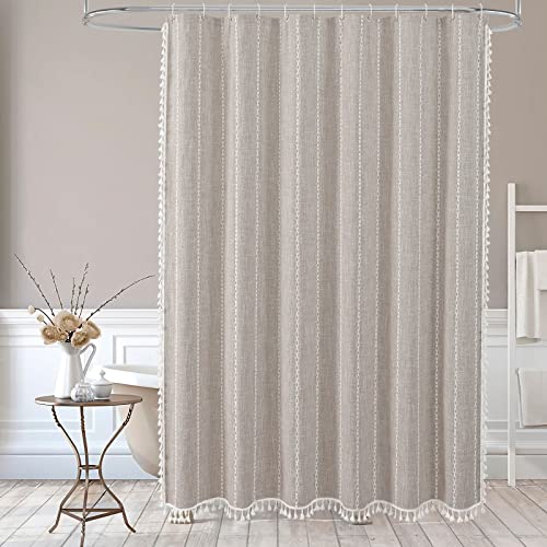 MitoVilla Boho Long Shower Curtain 72 x 78, Farmhouse 78 inch Long Polyester Linen Fabric Shower Curtains with Tassel for Chic Cottagecore French Rustic Bathroom Decor, Tan Brown - Image 2