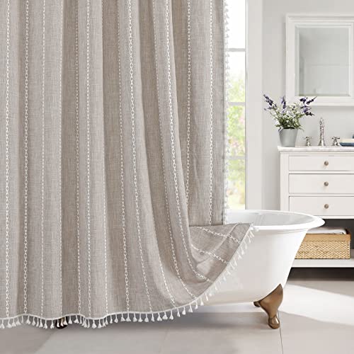 MitoVilla Boho Long Shower Curtain 72 x 78, Farmhouse 78 inch Long Polyester Linen Fabric Shower Curtains with Tassel for Chic Cottagecore French Rustic Bathroom Decor, Tan Brown - Image 1