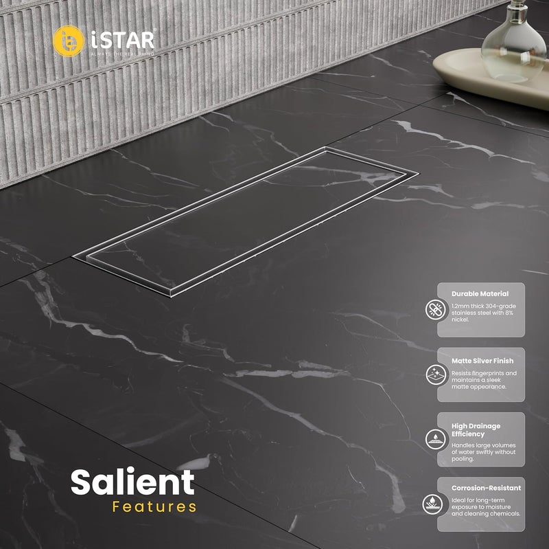 iSTAR 304 Grade Stainless Steel Tile Insert Shower Drain Channel |Corrosion Resistant Water Water Floor Drainer with Pest Trap and Side Hole for Bathroom, Balconies, Wetrooms, Kitchens(12 x 4 inches) - Image 3