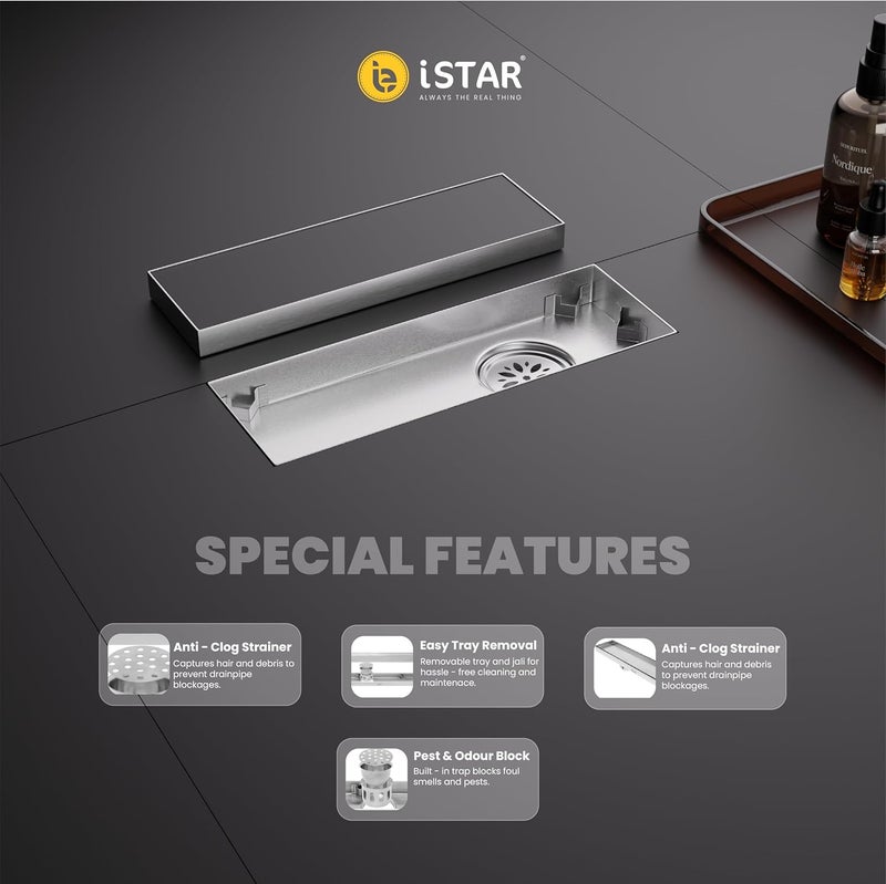 iSTAR 304 Grade Stainless Steel Tile Insert Shower Drain Channel |Corrosion Resistant Water Water Floor Drainer with Pest Trap and Side Hole for Bathroom, Balconies, Wetrooms, Kitchens(12 x 4 inches) - Image 2