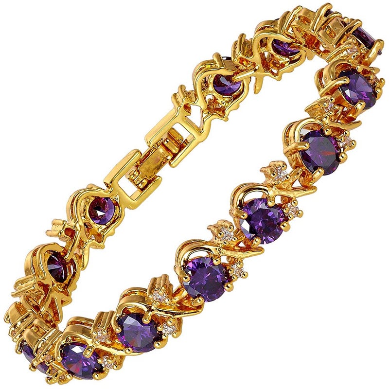 RIZILIA BLOSSOM 14K Gold Plated Purple Amethyst Birthstone Tennis Bracelet for Women - February 6mm Round CZ Gemstones, 7 Inch Hypoallergenic with Gift Box, Perfect Anniversary Birthday Gift - Image 1