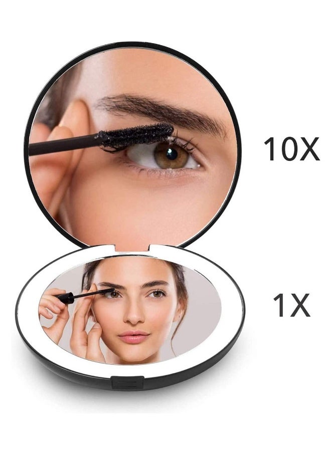 إسكدنيا مرآة مكياج مضغوطة مع أضواء LED طبيعية، تكبير 1x و 10x، تناسب جميع الحقائب، باللون الأسود - Image 1