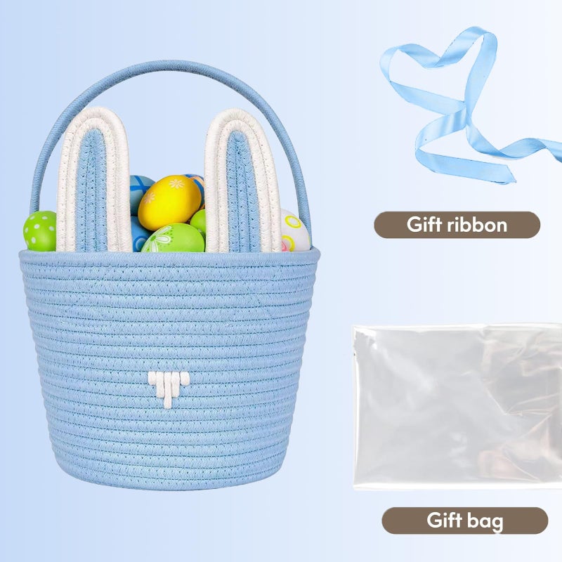 Poschnor Large Easter Basket with Gift Bags and Ribbons, Easter Bunny Basket for Kids, Woven Cotton Rope Basket for gifting, Blue - Image 3