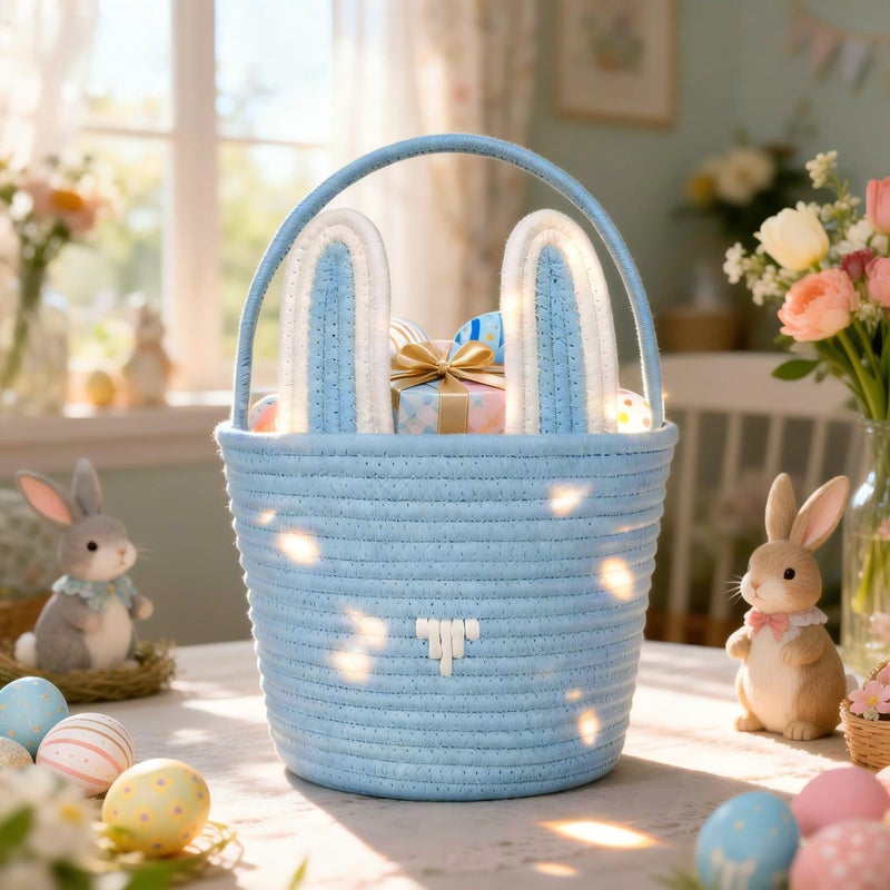 Poschnor Large Easter Basket with Gift Bags and Ribbons, Easter Bunny Basket for Kids, Woven Cotton Rope Basket for gifting, Blue - Image 2