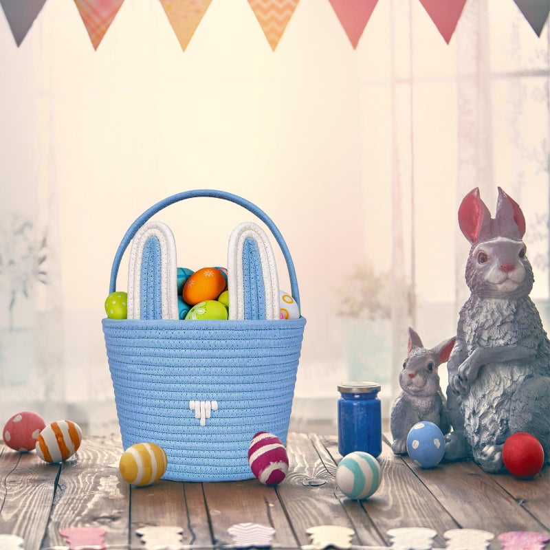 Poschnor Large Easter Basket with Gift Bags and Ribbons, Easter Bunny Basket for Kids, Woven Cotton Rope Basket for gifting, Blue - Image 5