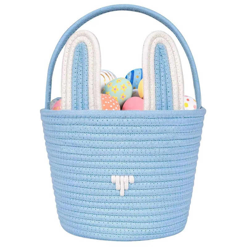 Poschnor Large Easter Basket with Gift Bags and Ribbons, Easter Bunny Basket for Kids, Woven Cotton Rope Basket for gifting, Blue - Image 1