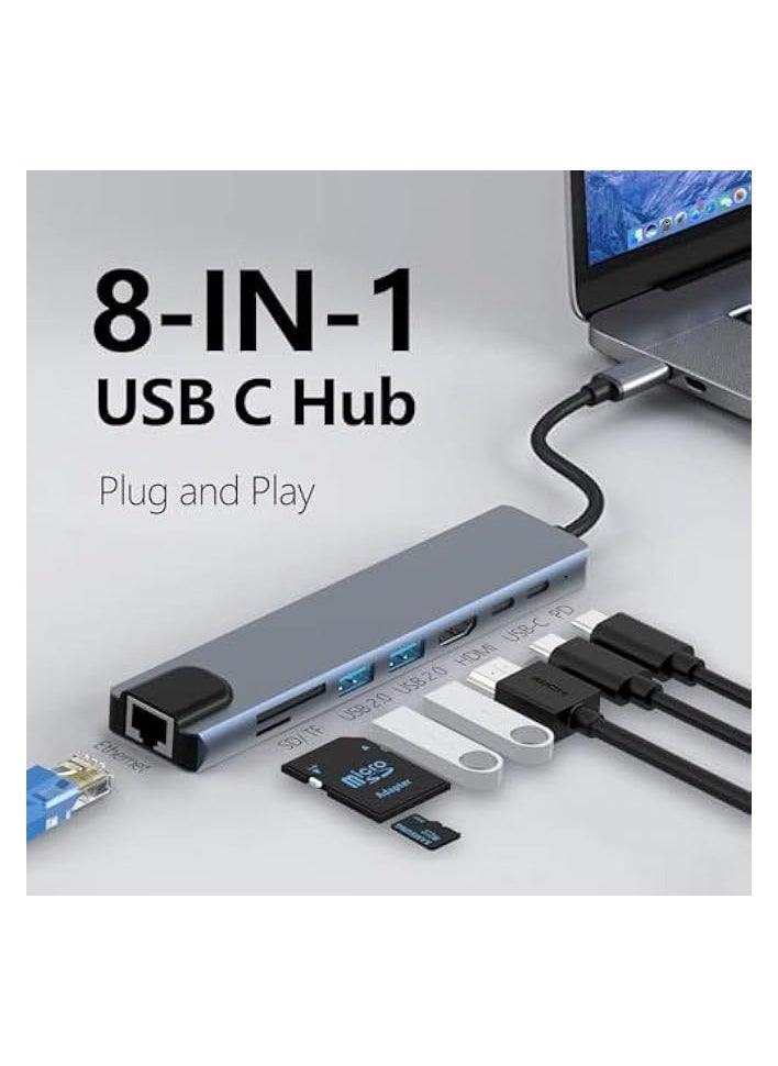 USB C Hub, 8 in 1 Type C Hub Multiport Adapter with 4K HDMI, PD Power Delivery, USB-C, Ethernet, 2 USB, SD/TF Card Reader Compatible with Mac Book Pro XPS and More Type C Devices