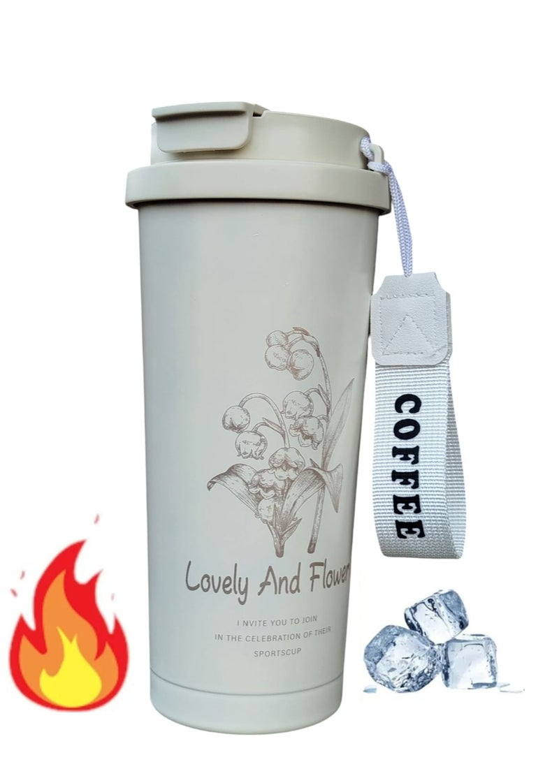 500ml Insulated Coffee Mug with Leak-Proof Lid and Collapsible Straw, High Quality 316 Stainless Steel Reusable Portable Leak-Proof Coffee Cup (Off-White) Sold by Black Fire  - Image 1