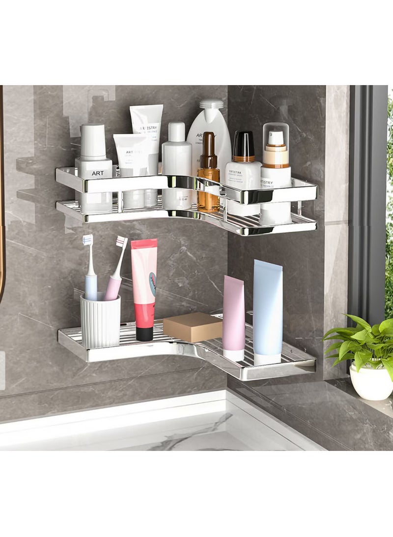 رف زاوية للحمام من ستانلس ستيل - تخزين متعدد الطوابق مقاوم للصدأ - تصميم عصري سهل التركيب امكنية تركيب البراغي او امكنية تركب اللاصق (رف 2 دور زاوية) - Image 1