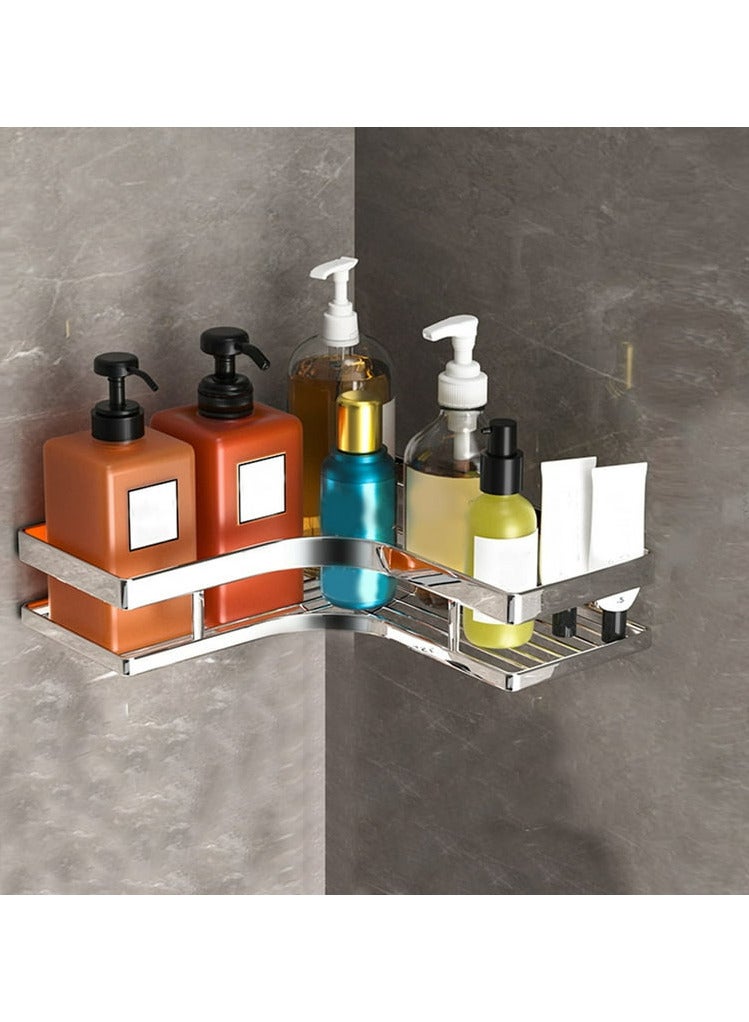 رف زاوية للحمام من ستانلس ستيل - تخزين متعدد الطوابق مقاوم للصدأ - تصميم عصري سهل التركيب امكنية تركيب البراغي او امكنية تركب اللاصق (رف 2 دور زاوية) - Image 3