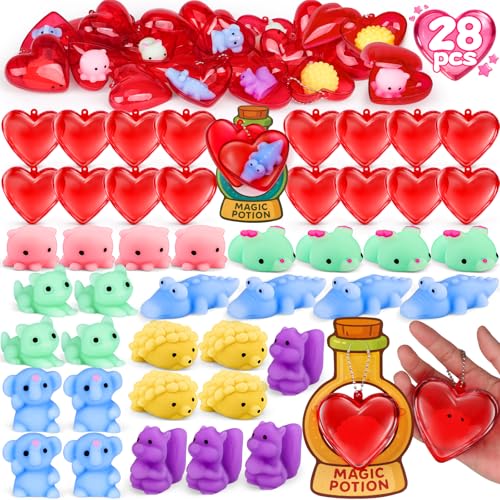 nicknack 28 Packs Squishy Toys for Kids Soft Animal Fidget Toys with Fillable Heart Cases Cards for School Classroom Exchange Gifts Party Favors Bulk Prizes for Class - Image 1