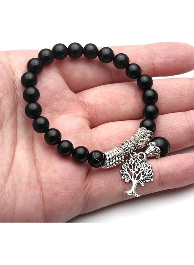 8 مللي متر أسود العقيق الطبيعي الأحجار الكريمة الحياة شجرة الحظ سحر تمتد سوار - Image 4