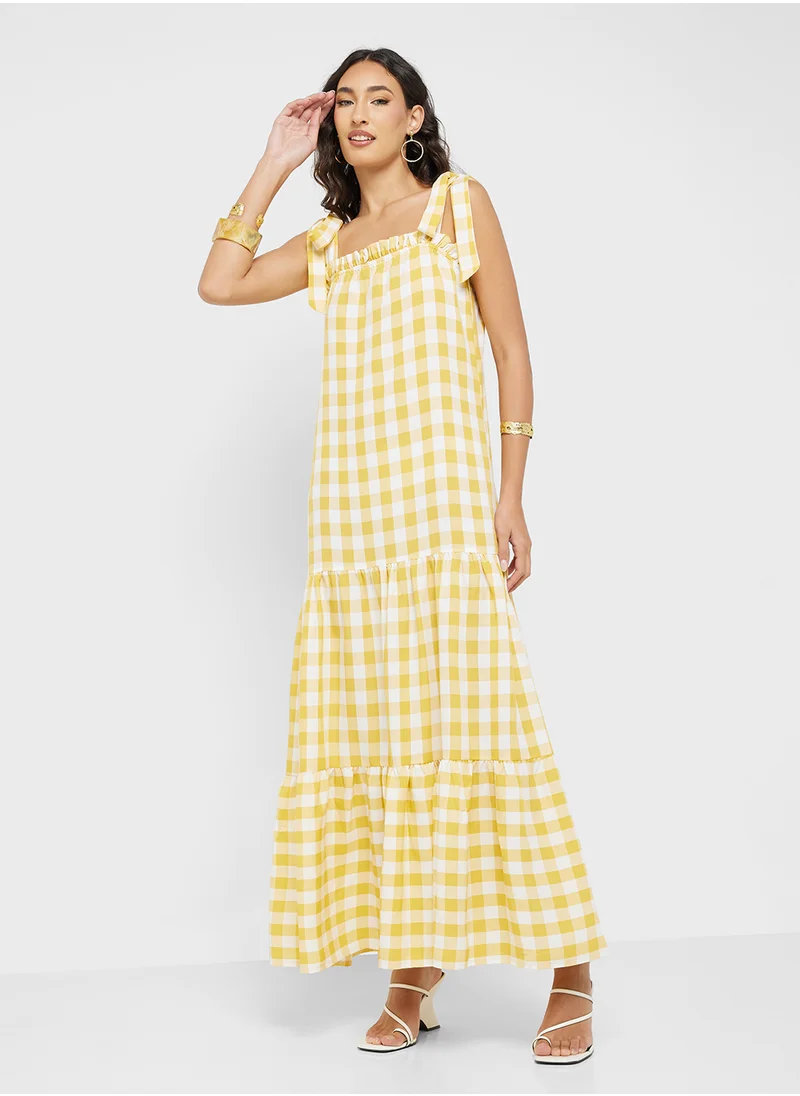 Ginger Shoulder Tie Detail Gingham Tiered Maxi Dress