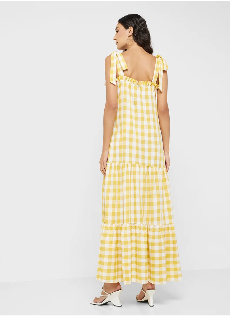 Ginger Shoulder Tie Detail Gingham Tiered Maxi Dress