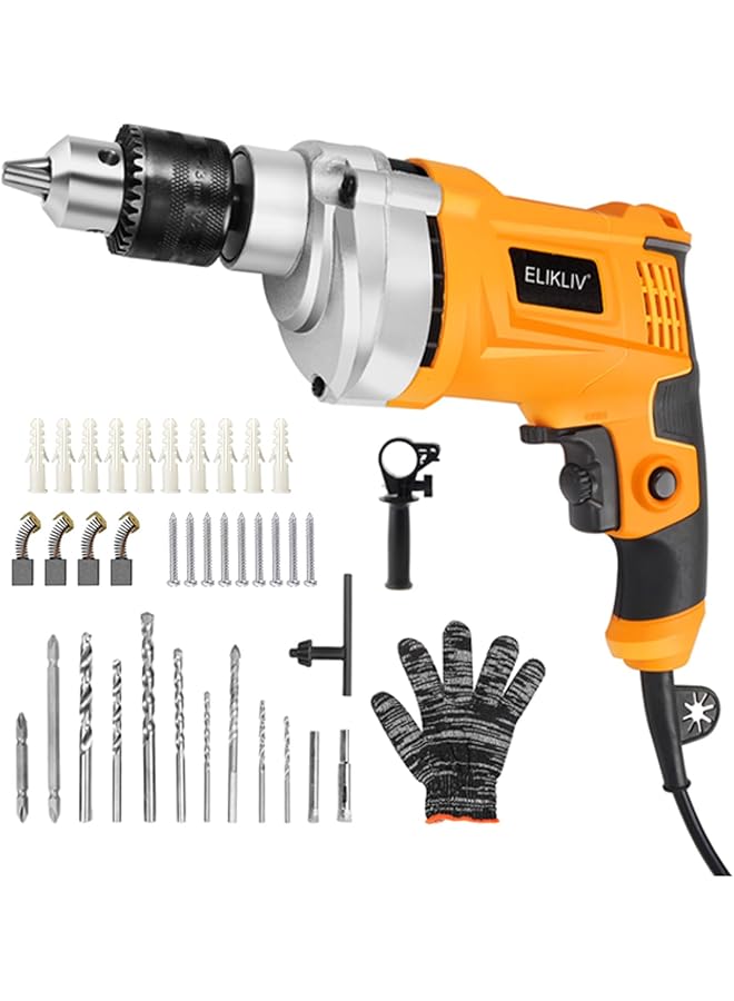 إيروريكس مثقاب مطرقة كهربائي بقوة 750 وات مع ظرف معدني 13 مم وسرعة متغيرة 0-3000 دورة في الدقيقة ومقبض دوار 360 درجة ومجموعة ملحقات مثقاب للخشب والمعدن والخرسانة