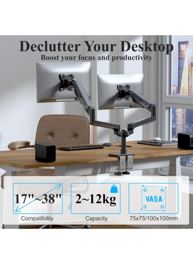 ETHU Dual Monitor Arm, Heavy Duty Gas Spring Monitor Mount with Height Adjustment & Tilt, VESA Desk Mount with Dual Installation Options for 17-38 inch 2-12KG Screens - Image 5