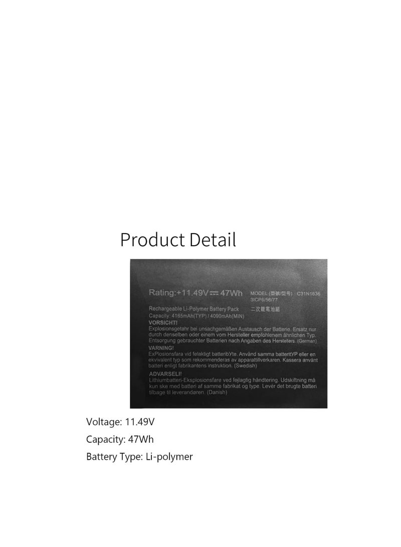 Terabyte C31N1636 Laptop-Akku für Asus VivoBook Pro 15 N580V N580VN N580VD NX580VD NX580VD7300 NX580VD7700 Series X580GD X580GD-1A X580GD-1B X580GX58D-9A X580VN Notebook 11,49 V 47 Wh 4165 mAh 3 Zellen - Image 2