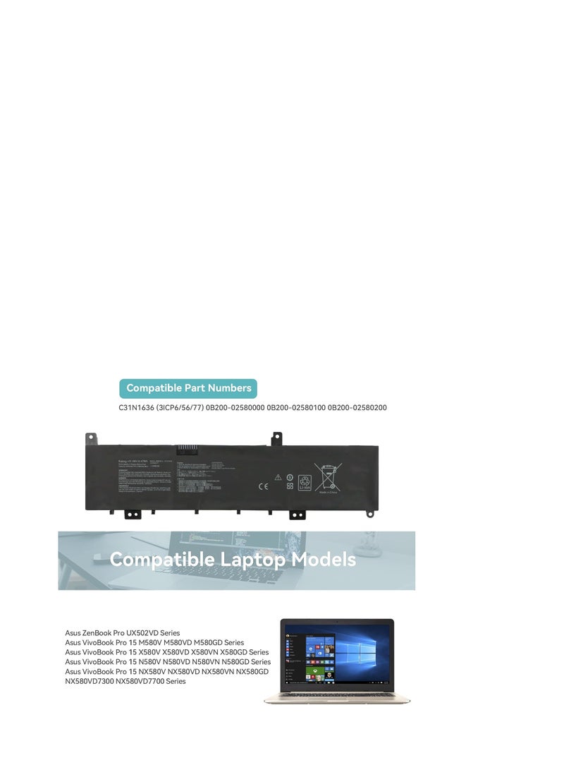 Terabyte C31N1636 Laptop-Akku für Asus VivoBook Pro 15 N580V N580VN N580VD NX580VD NX580VD7300 NX580VD7700 Series X580GD X580GD-1A X580GD-1B X580GX58D-9A X580VN Notebook 11,49 V 47 Wh 4165 mAh 3 Zellen - Image 3