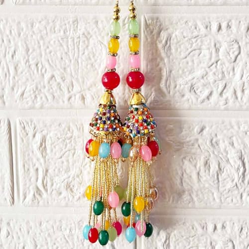 Adikala Craft Store Ethnic Multicolor Glass Beads Latkan Tassel Pack of 2 for Saree Pallu, Blouse, Suits, Dupatta, Lehenga Decor (Multi D4) - Image 2