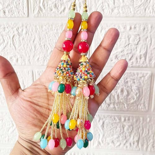 Adikala Craft Store Ethnic Multicolor Glass Beads Latkan Tassel Pack of 2 for Saree Pallu, Blouse, Suits, Dupatta, Lehenga Decor (Multi D4) - Image 1